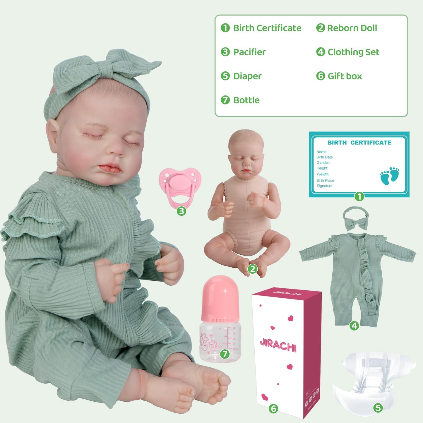 Jirachi Lifelike Reborn Baby Doll – 18-Inch Realistic Sleeping Newborn Girl with Accessories