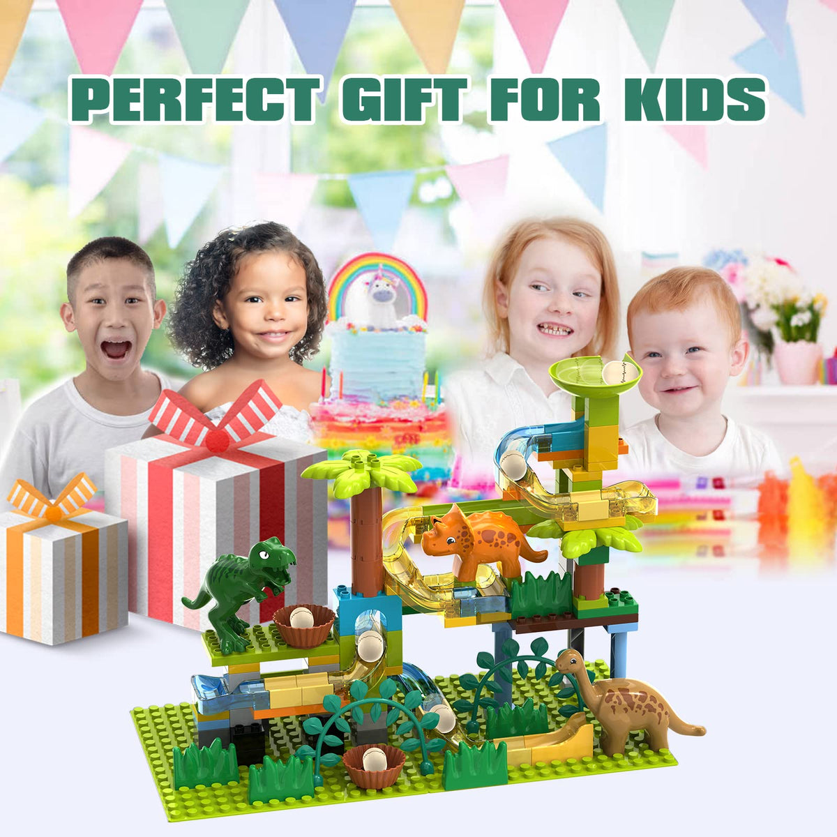 JIXIN Dinosaur Marble Run – 125-Piece STEM Building Set, DUPLO-Compatible for Kids 3–8