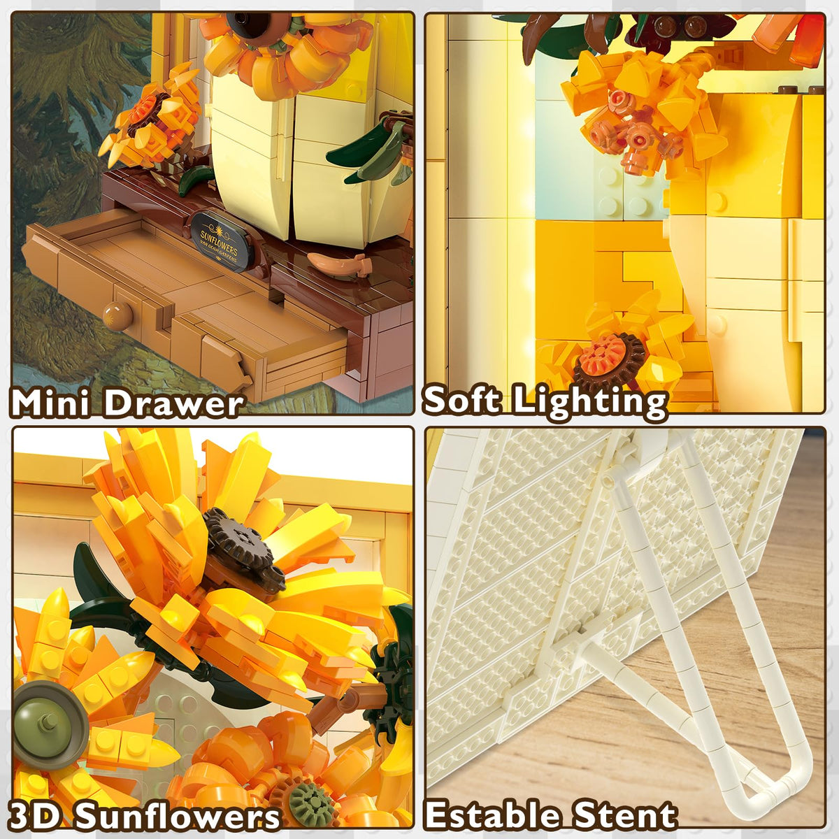 JMBricklayer Flowers Sunflower Building Set with Lights 70004 – Van Gogh Inspired 3D Wall Art