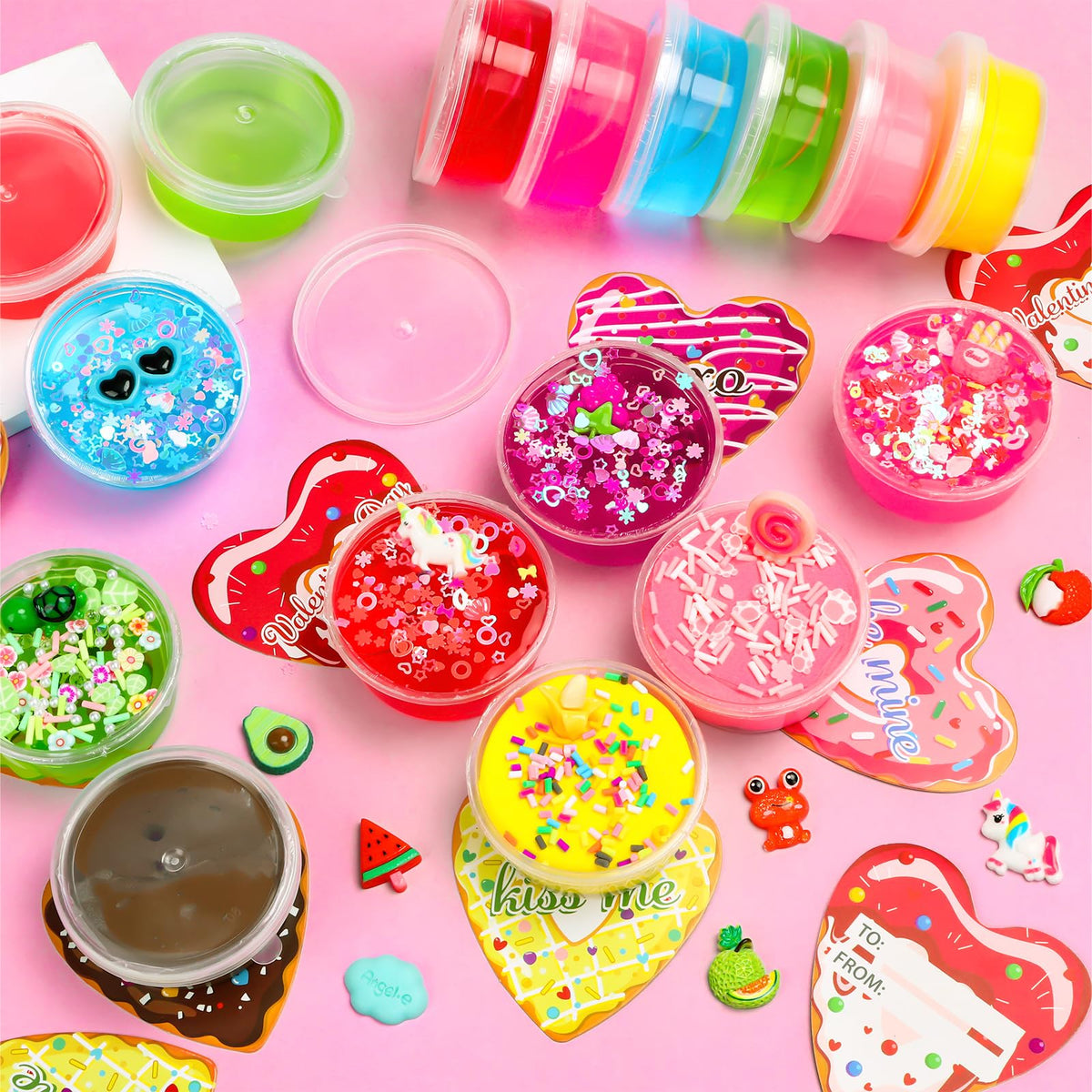 JMUQ 24 Pack Valentines Day Slime Gifts for Kids | Heart Donut Cards & Classroom Favors