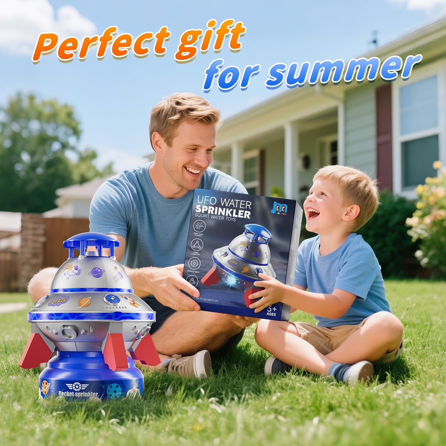 JOI MEW UFO Water Sprinkler for Kids – Lighted Spin, Adjustable Height Water Rocket Toy