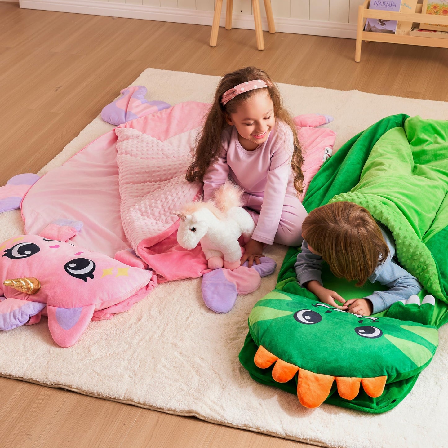JOIEDOMI Kids Sleeping Bag Nap Mat 60x39 with Pillow & Blanket — Dinosaur Plush for Preschool & Daycare