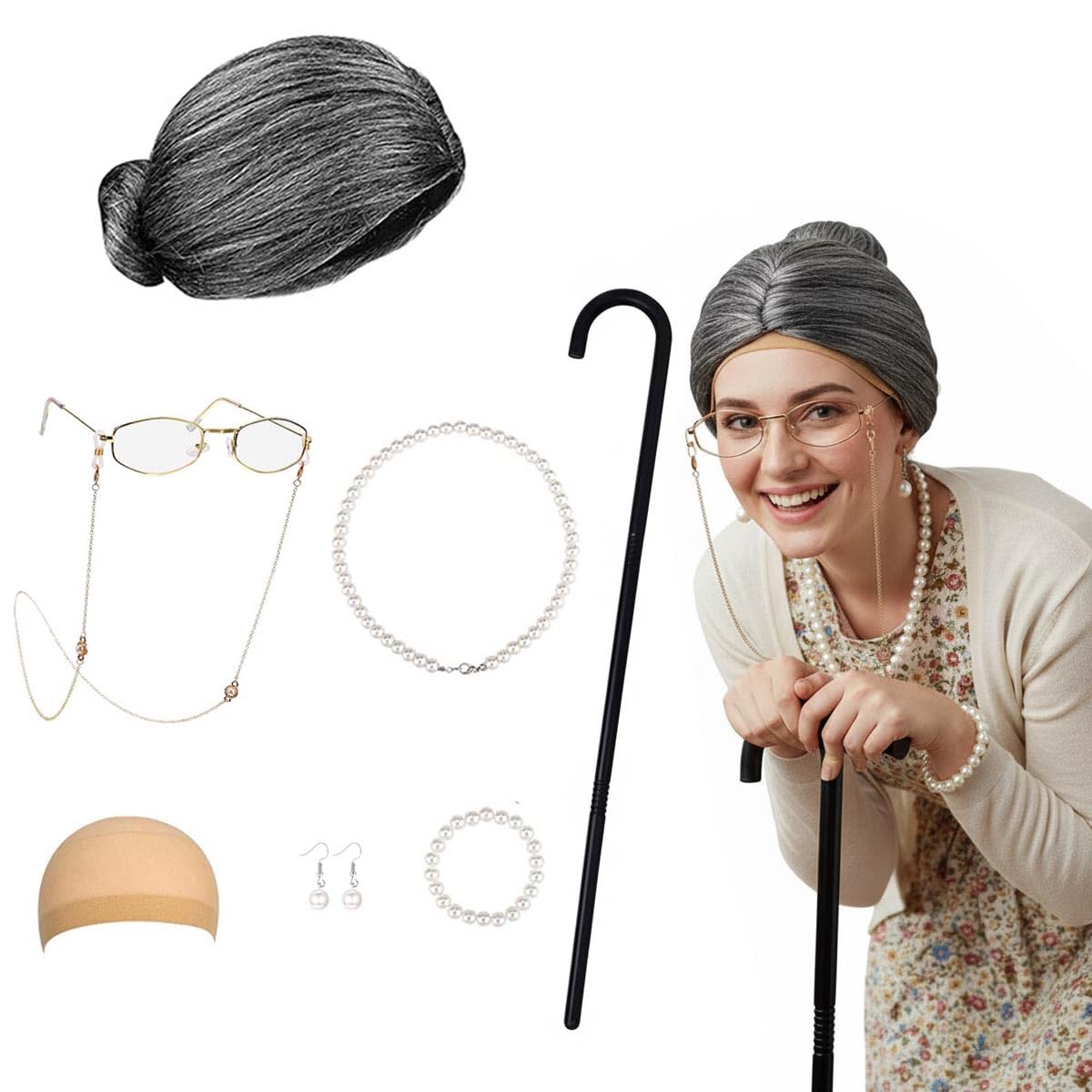 Joizomou Old Lady Costume Set — Grandma Wig & Accessories for Halloween