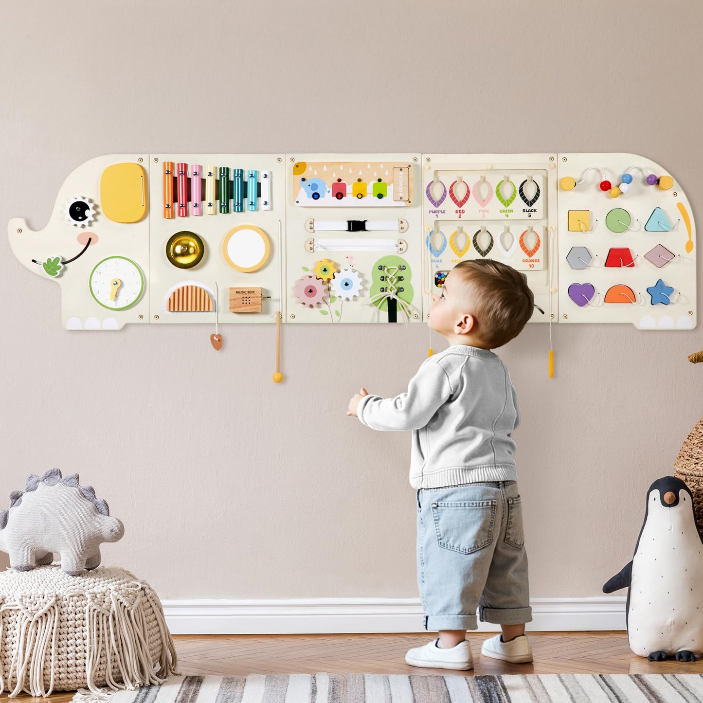 Jolie Vallée Toys & Home – Elephant Activity Wall Busy Board Panels | Wooden Montessori Sensory Wall Panel for Kids