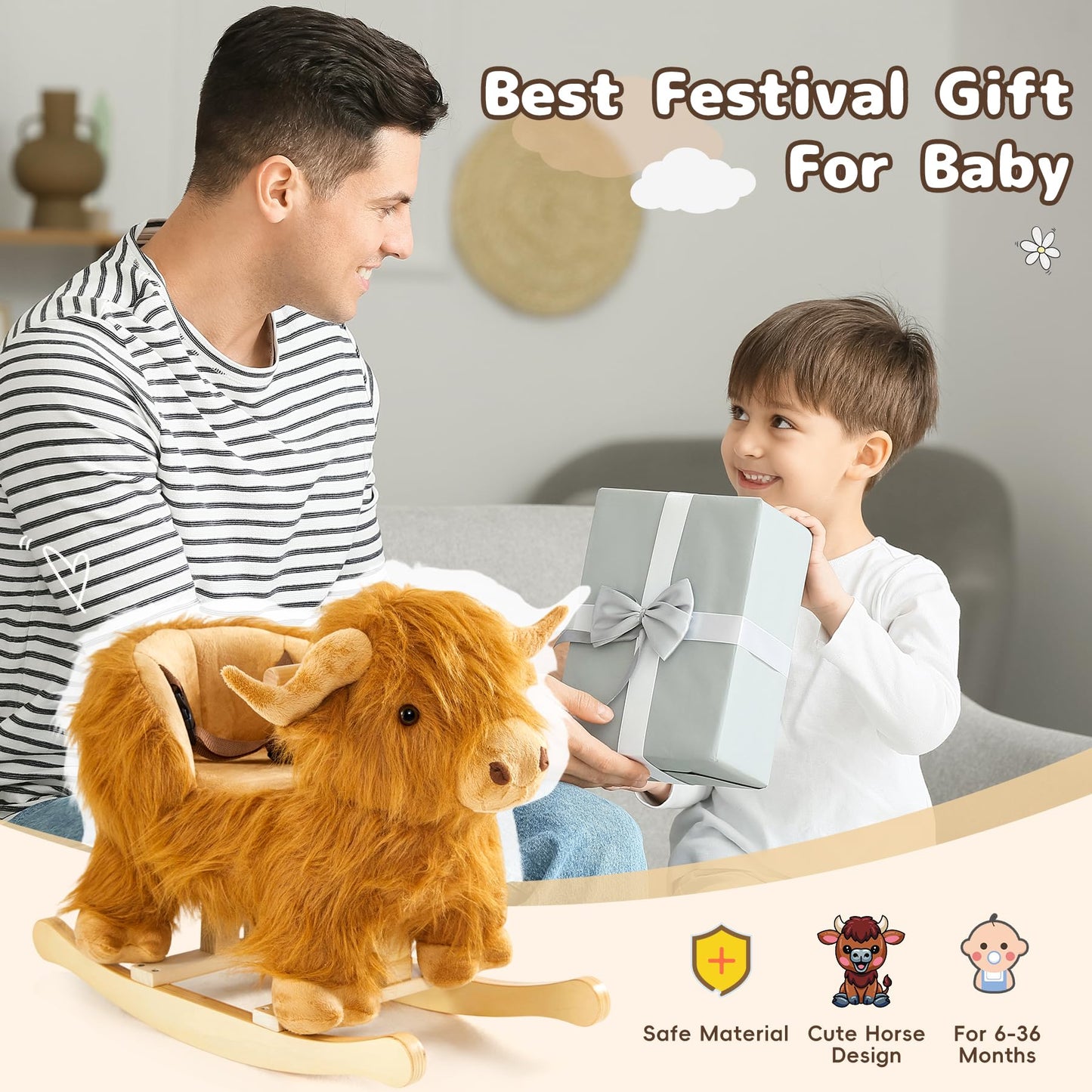 JOLIE VALLÉE TOYS & HOME – Highlander Cattle Wooden Baby Rocking Horse for Toddlers