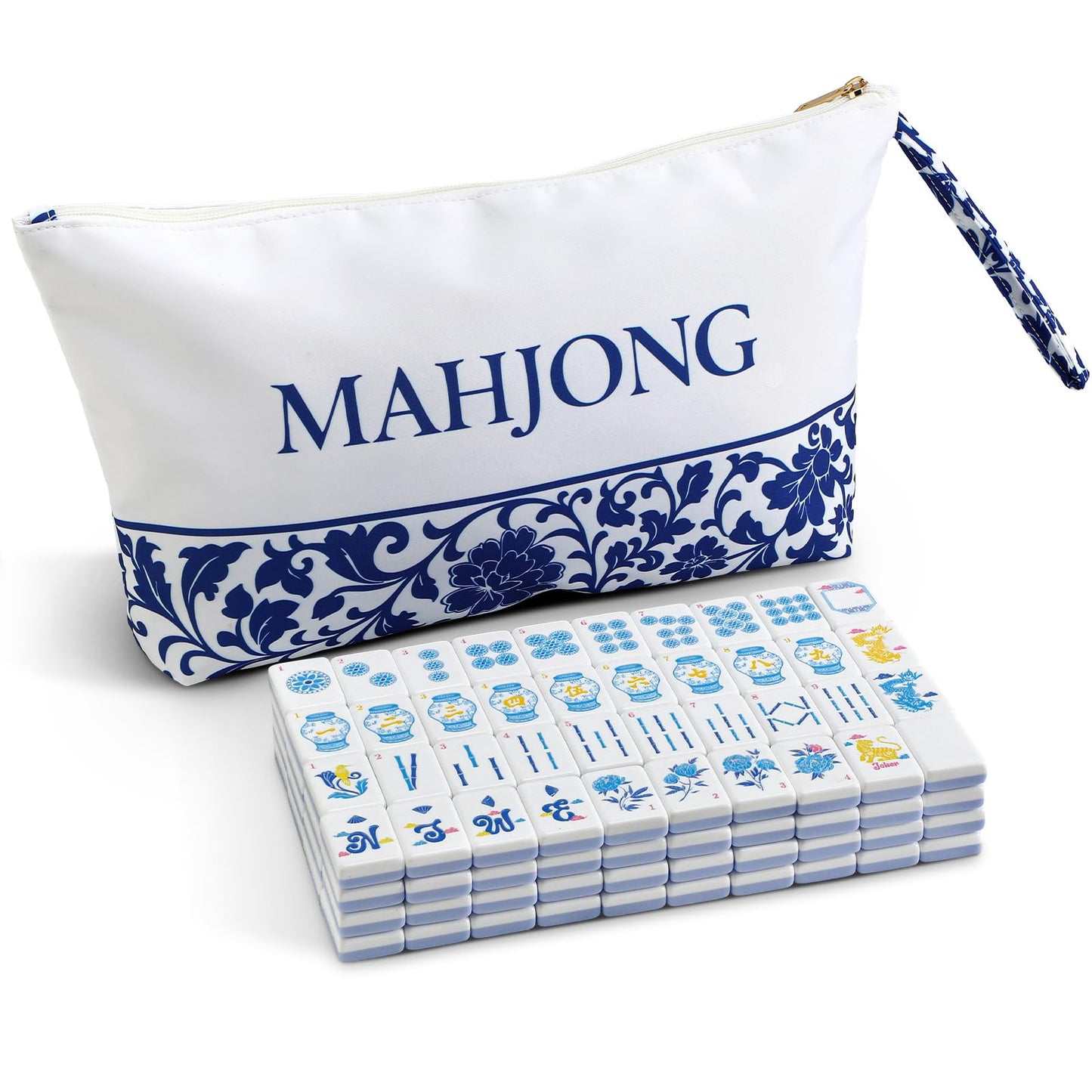 JolliLudo Chinoiserie Mahjong Tile Set with Carrying Bag – 160 Blue Acrylic Engraved Tiles for Adult Play