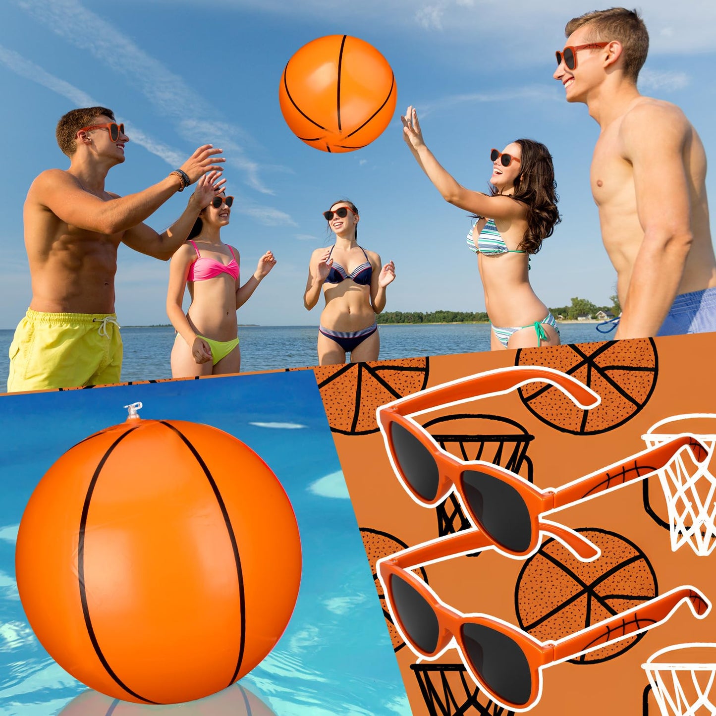 JolliLudo 48 Pcs Basketball Beach Balls & Sunglasses – 12-Inch Inflatable Pool Party Favors