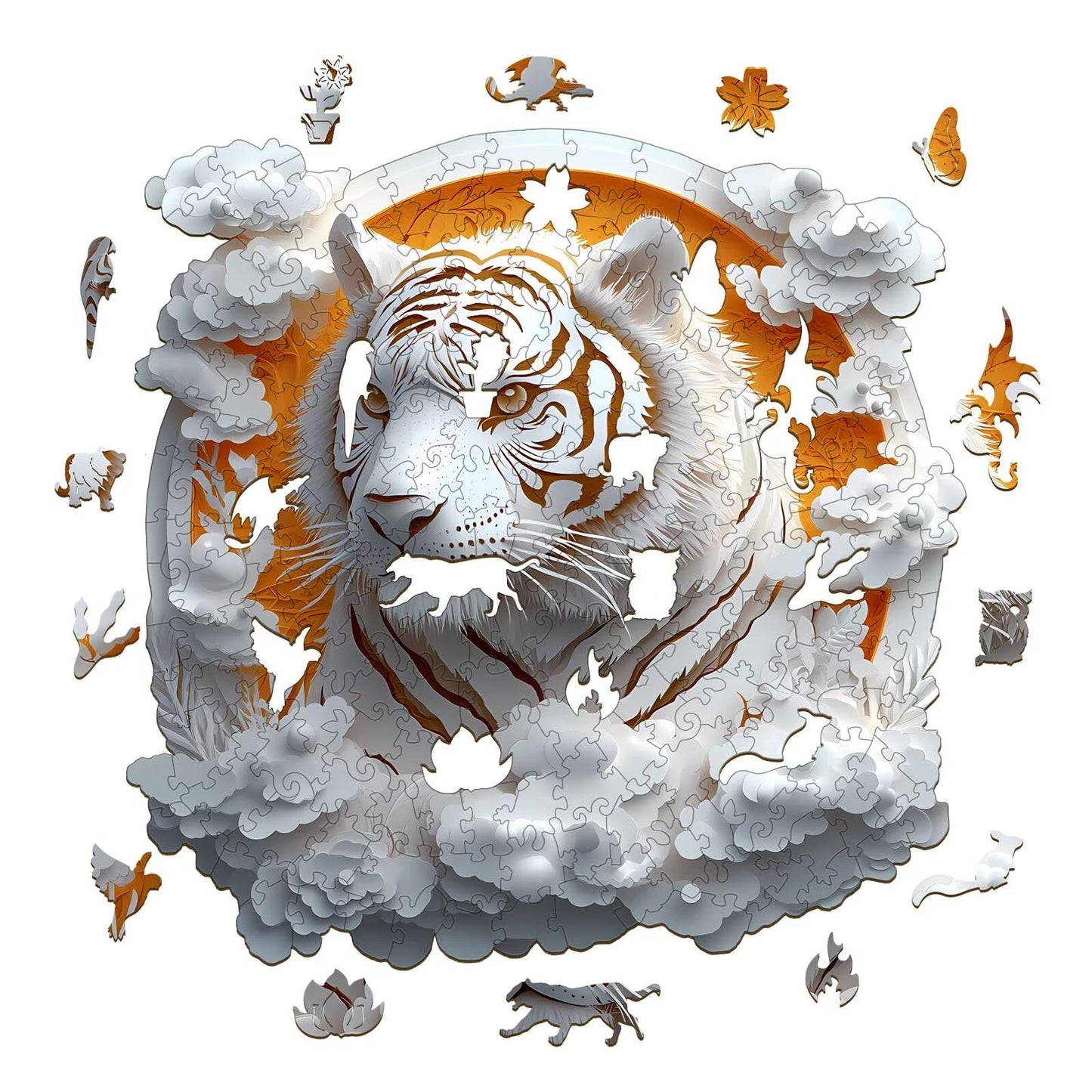 Jollitot White Tiger 3D Wooden Puzzle - 300 Pieces, Irregular Paper-Cut Art