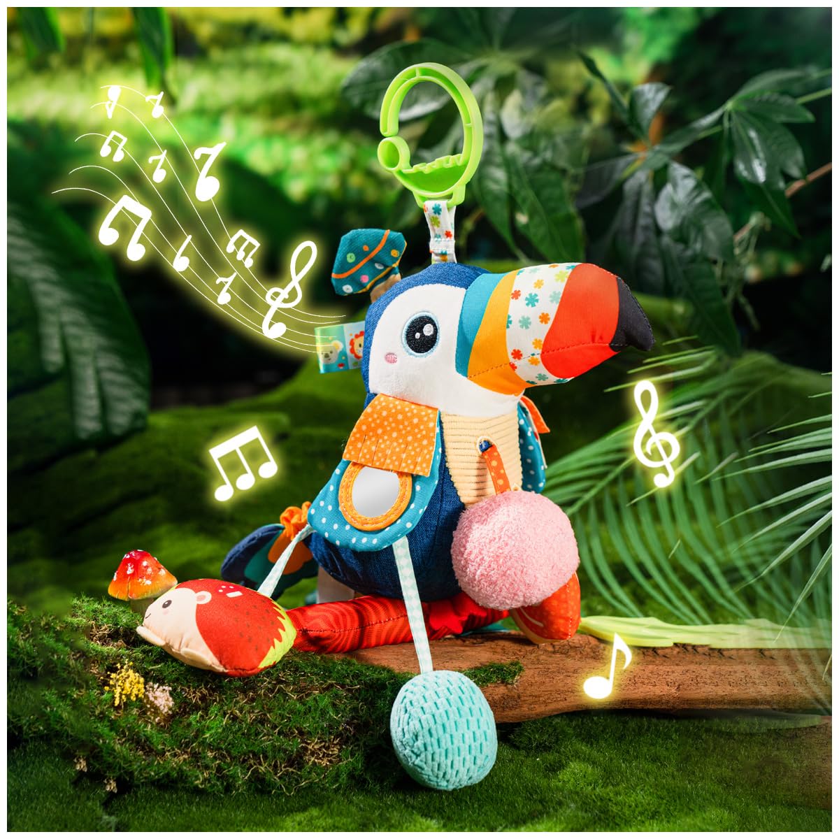 Jollybaby Musical Toucan Hanging Toy for Stroller, Car Seat & Crib — Plush Pull-String Toy with Music