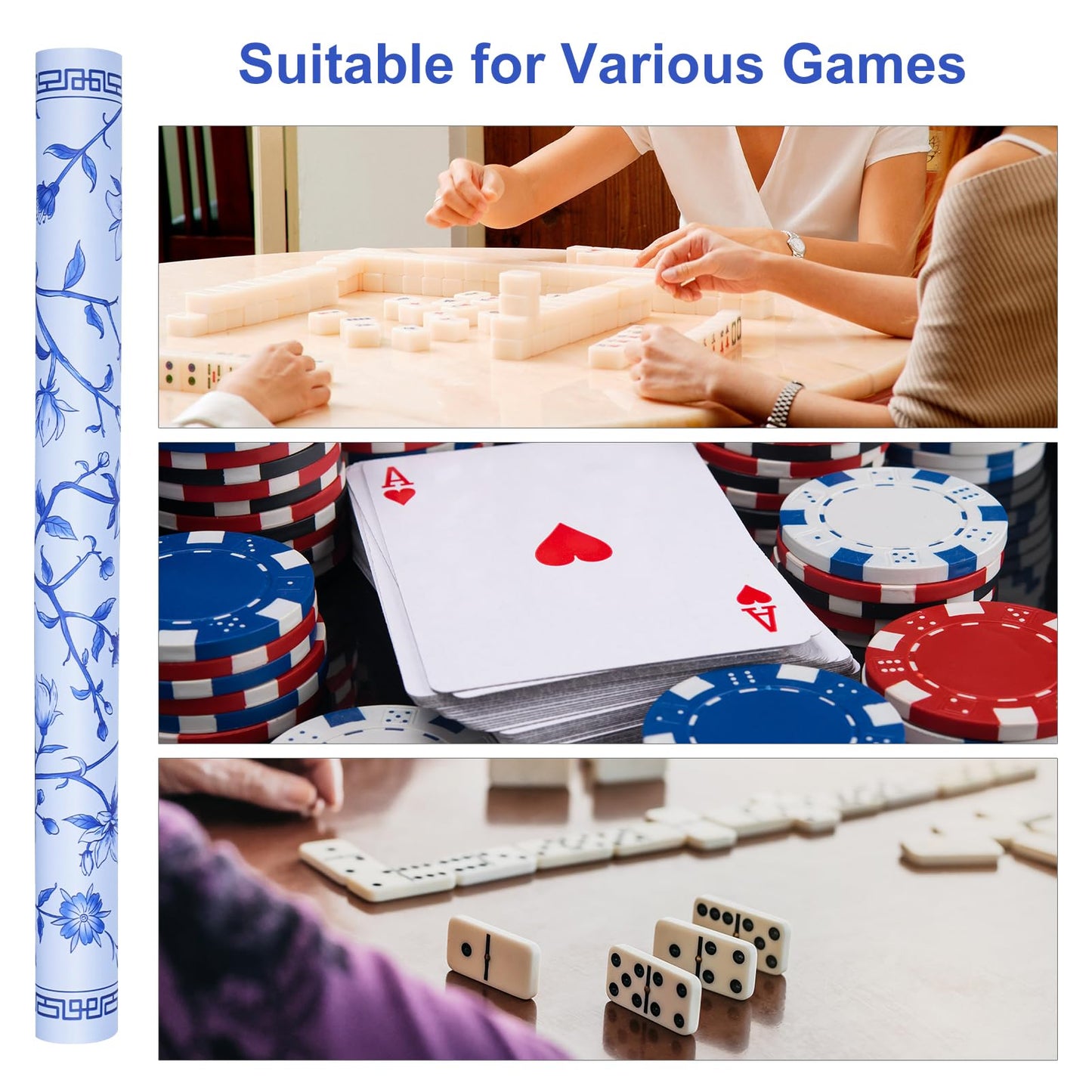 Jongyance Large Blue Printed Mahjong Mat 31.5 x 31.5 in with Carrying Bag | Anti-Slip & Noise-Reducing