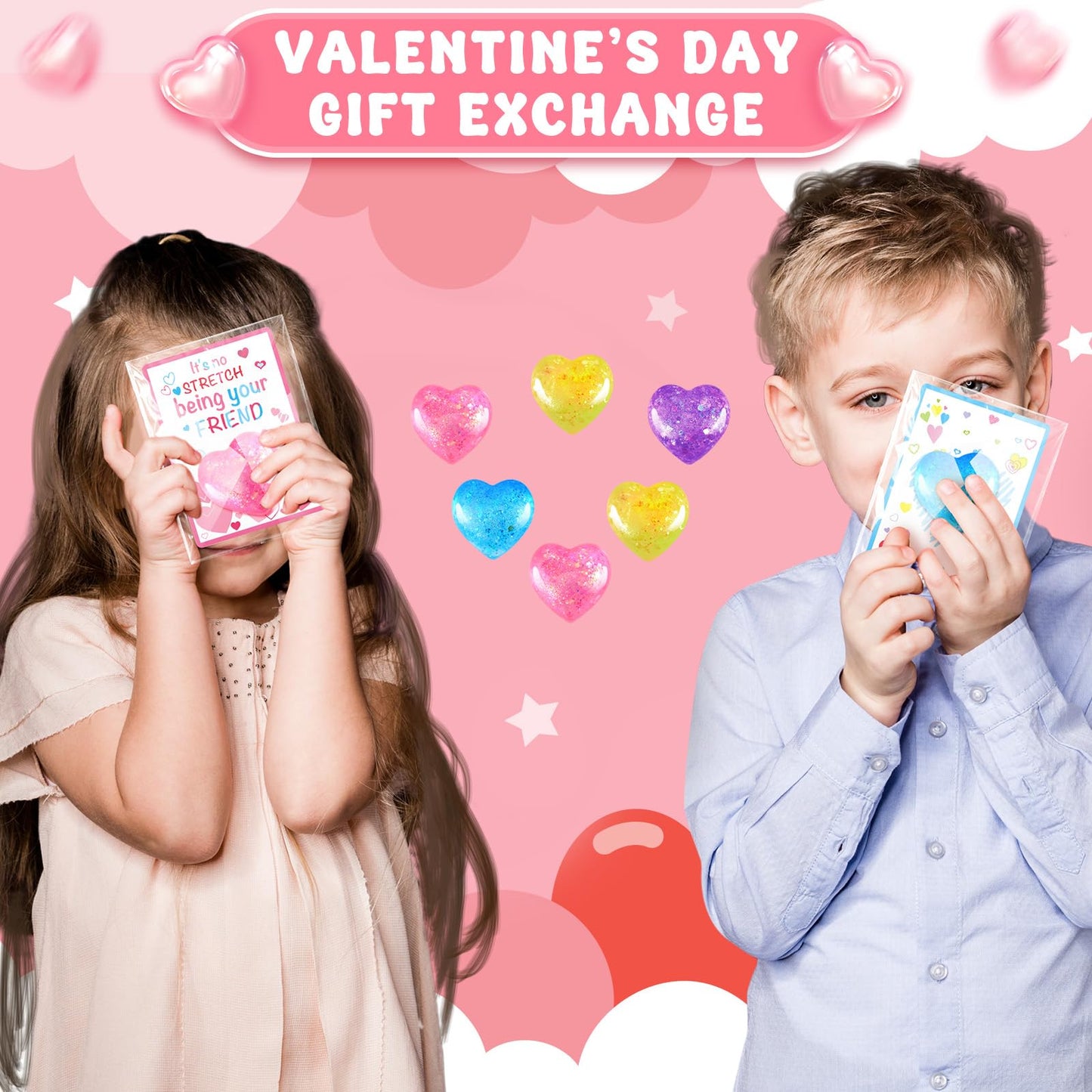 Joottuan 24-Pack Valentines Heart Stress Balls with Greeting Cards | Classroom Gifts & Fidget Toys