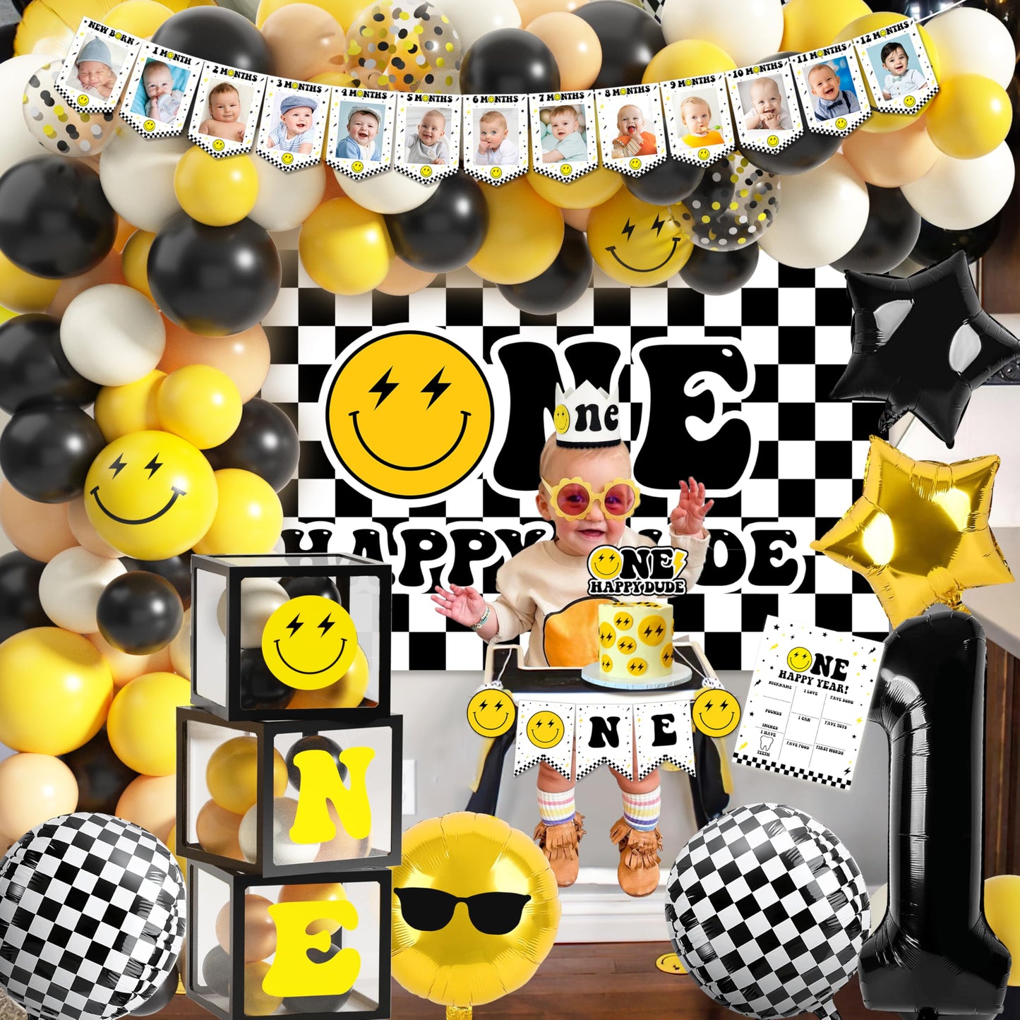 JOPHMO One Happy Dude 1st Birthday Party Pack – Black & Yellow Decor Kit