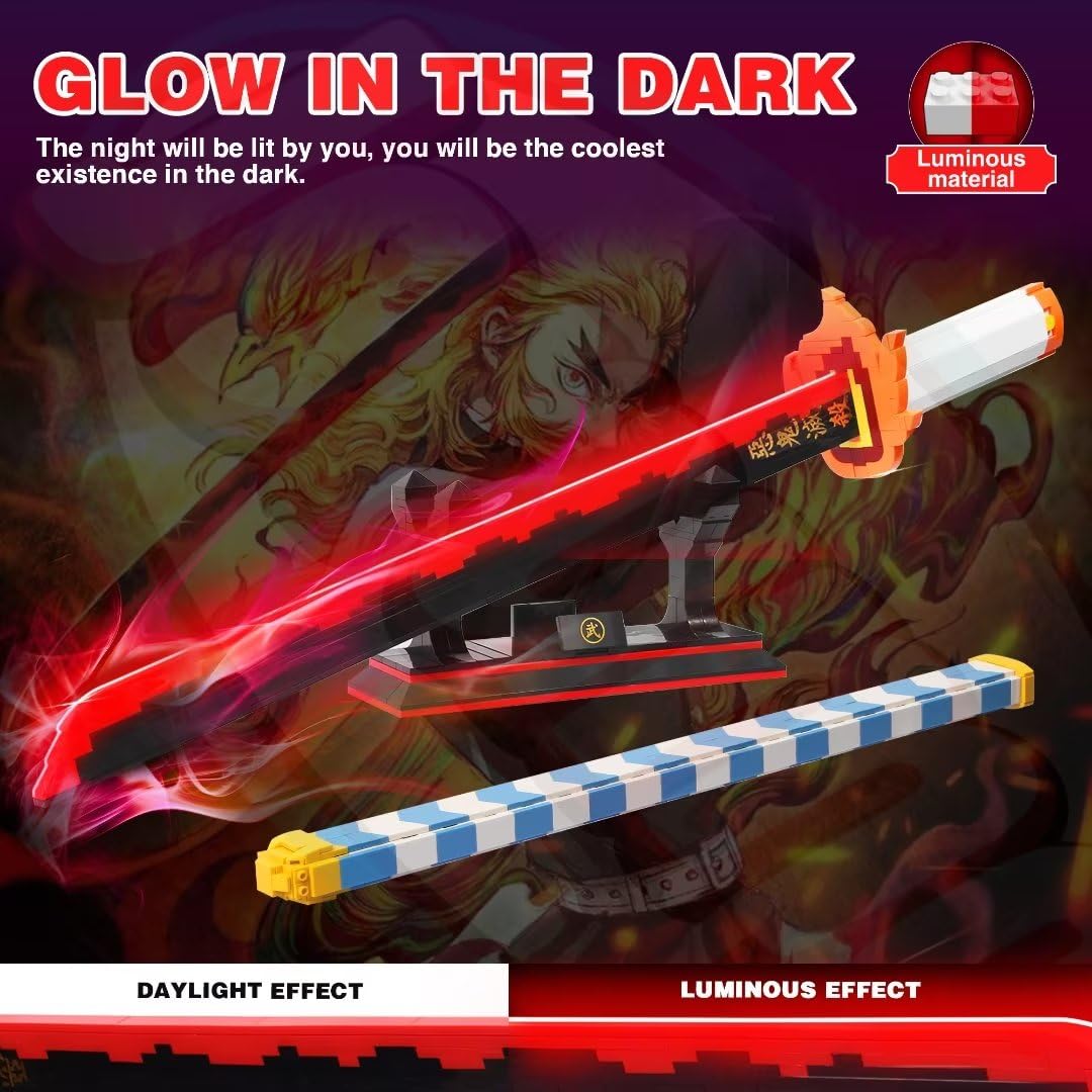 Jorumo Sword Building Set — 27in Rengoku Kyoujurou Sword with Scabbard & Stand | Luminous Anime Block Collectible (790 Pieces)