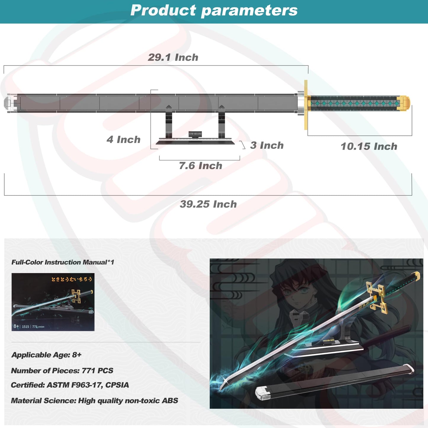 Jorumo Tokitou Muichirou Sword Building Set – 771 Pieces, 40in Katana with Scabbard & Stand