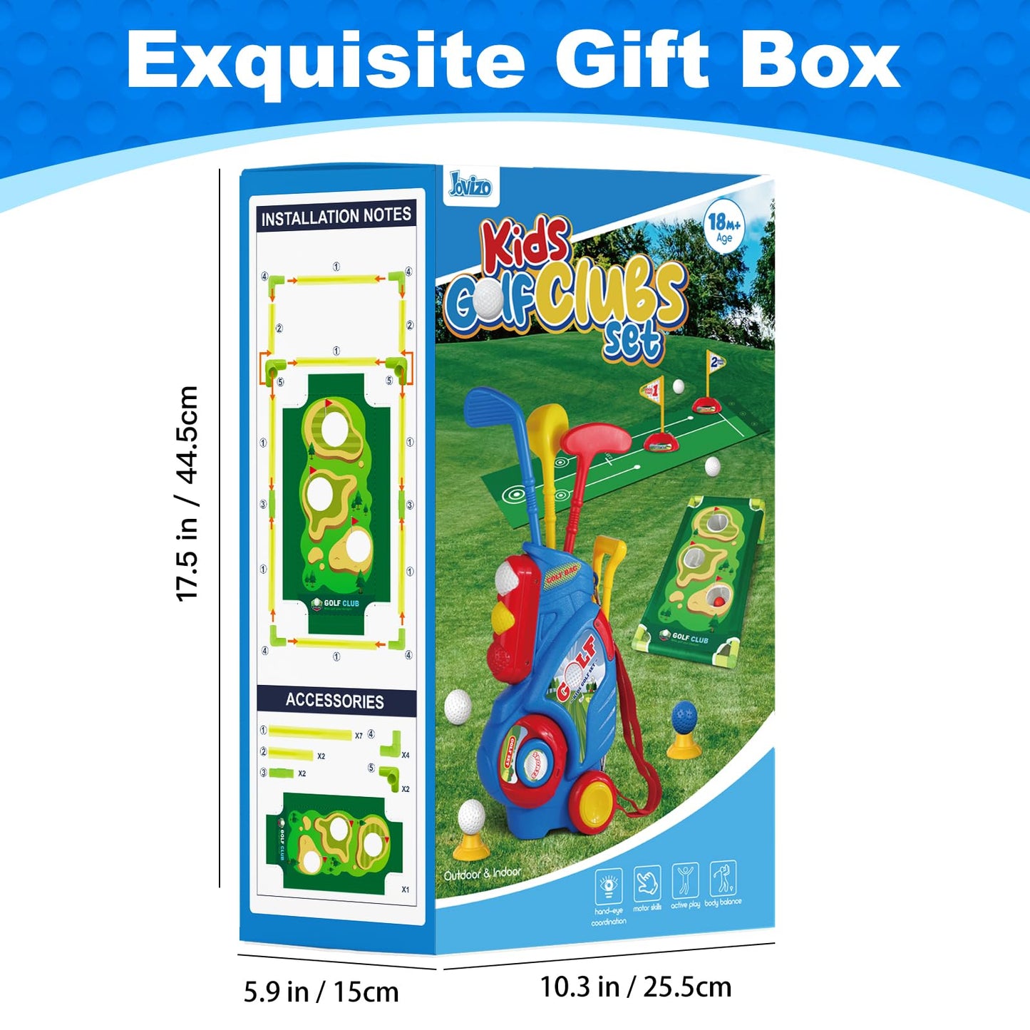 Jovizo Toddler Golf Set for Boys & Girls 2-5 Years – Portable Golf Cart, Putting Mat & Cornhole Board (Blue)