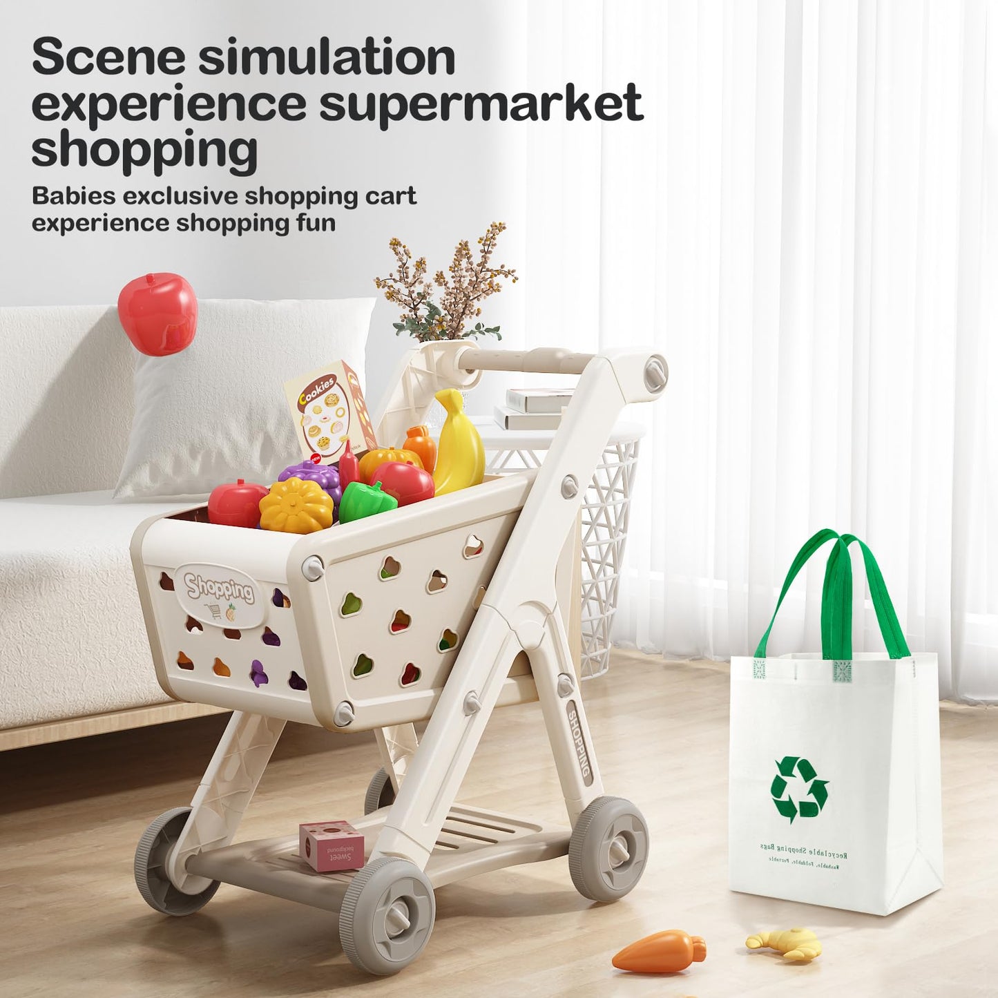 Jovow 102pcs Kids Shopping Cart Trolley Play Set with Pretend Food and Accessories – Ages 3+ (Khaki)