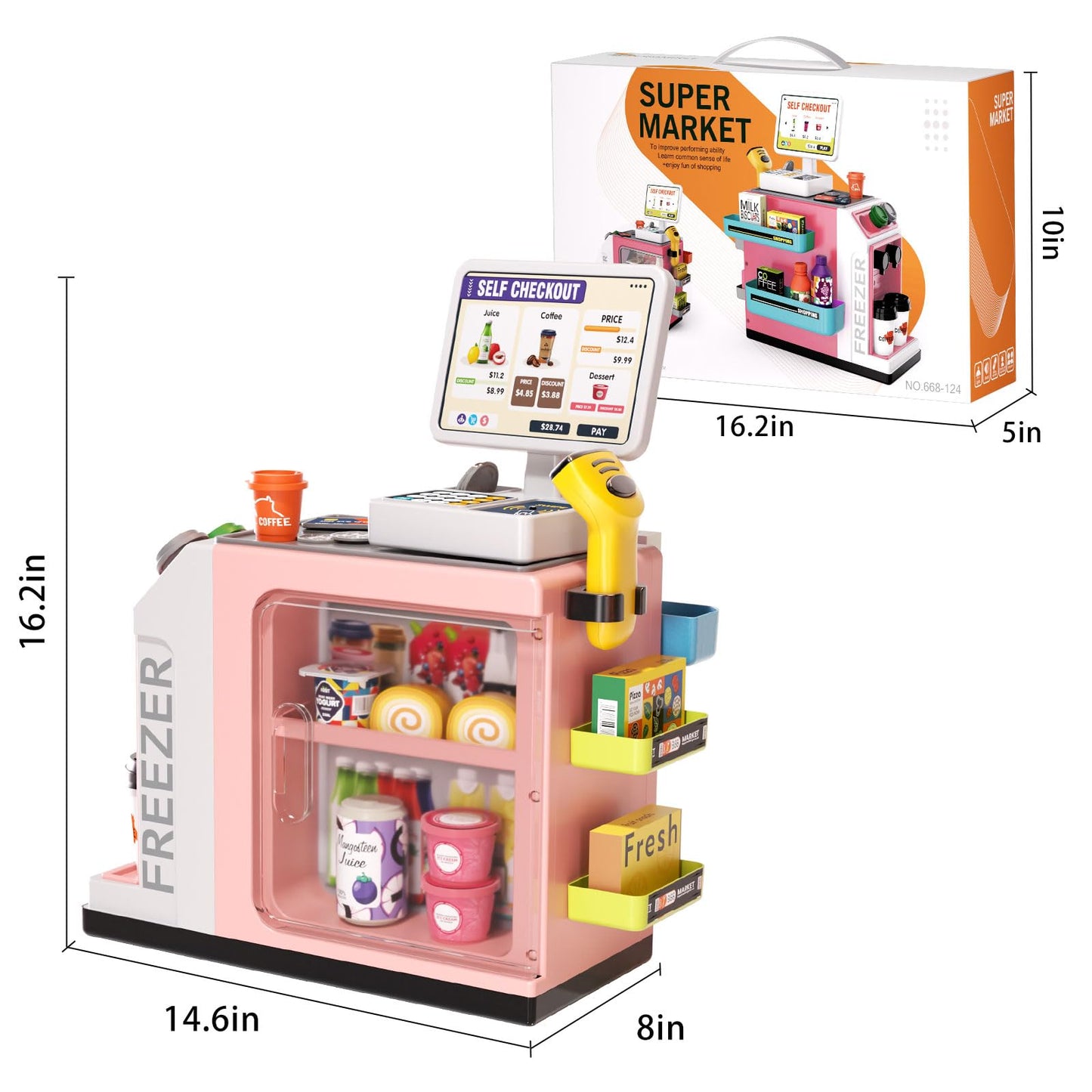 Jovow 48-Piece Pretend Play Cash Register Set with Water Outlet — 2-in-1 Grocery & Coffee Shop (Pink), Ages 3+