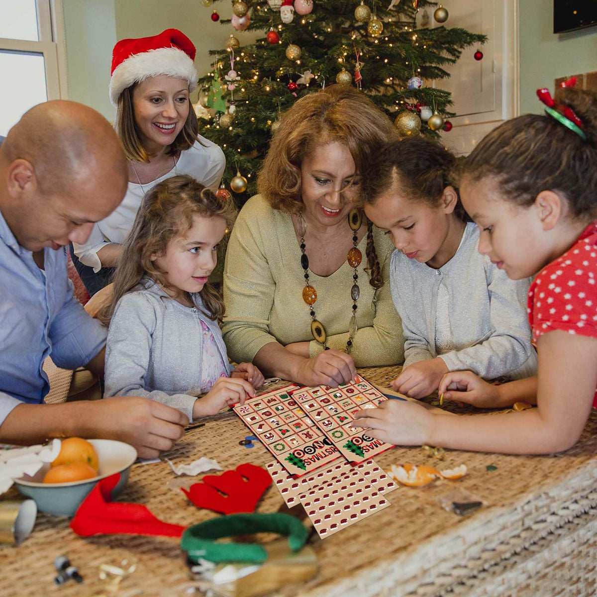 Joy Bang Christmas Bingo Games for Kids — 24 Cards, 385 Chips, 2 Callers for Family & Classroom Fun
