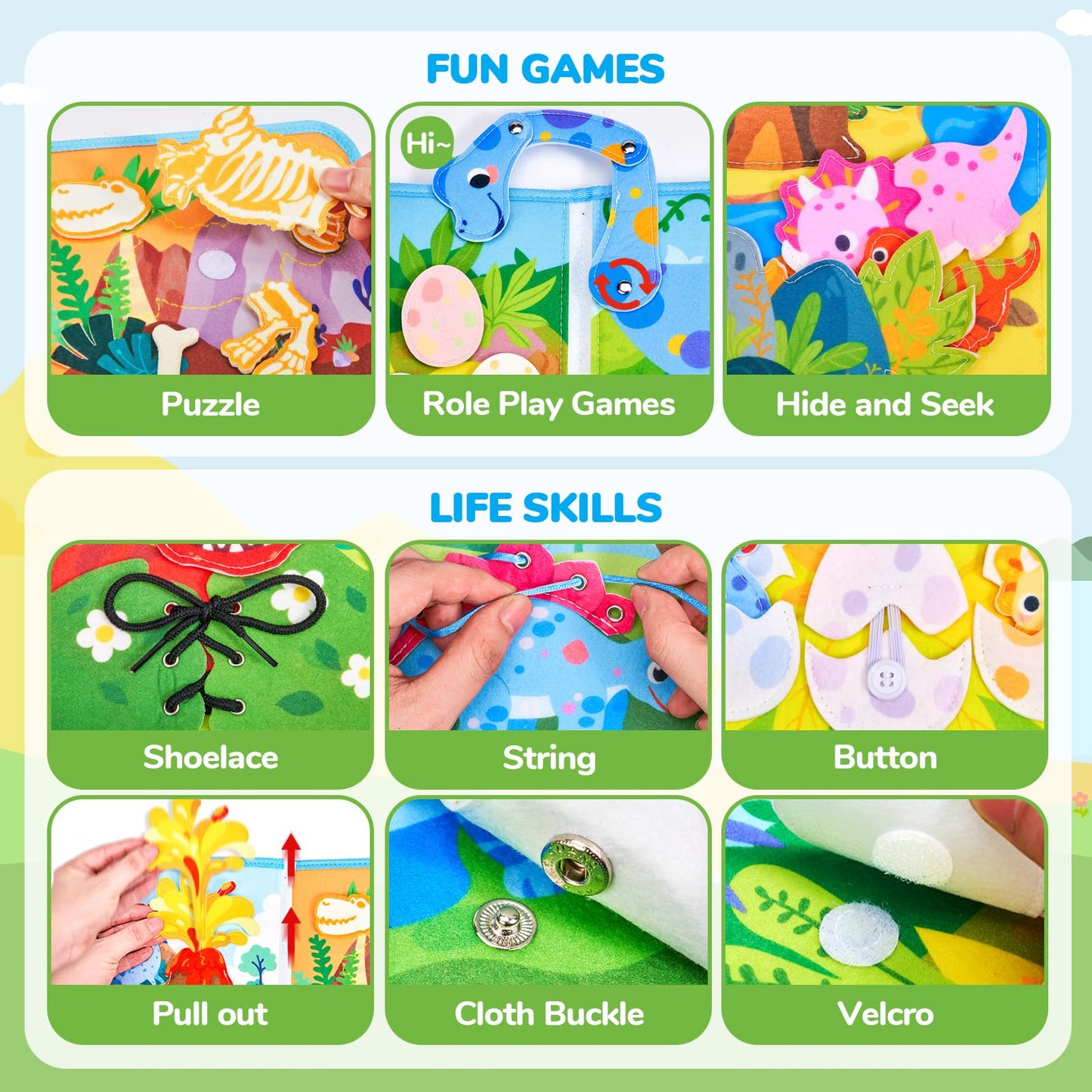 JoyCat Toddler Dinosaur Busy Book - 15-in-1 Travel Busy Board for 2-5 Year Olds