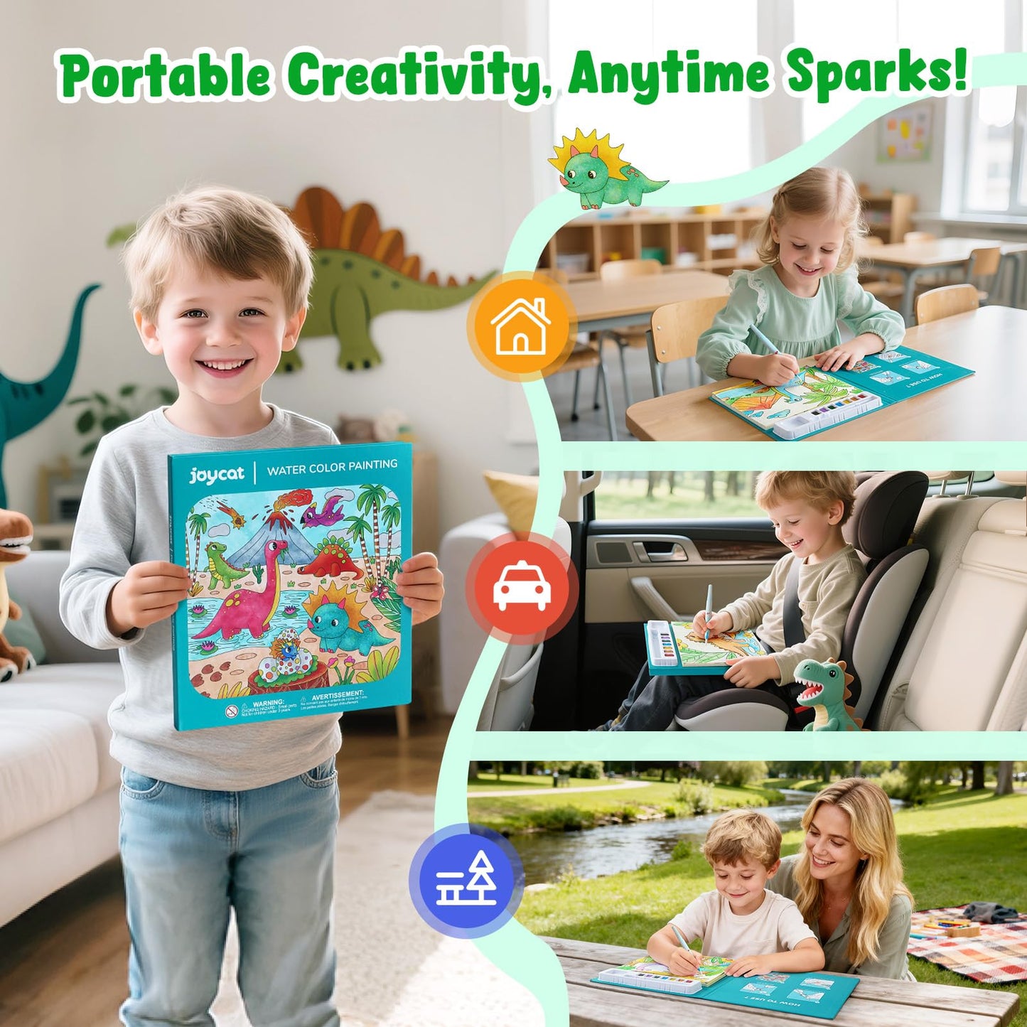 JoyCat Dinosaurs Watercolor Book – 3-in-1 No-Mess Painting Kit for Toddlers 3–5