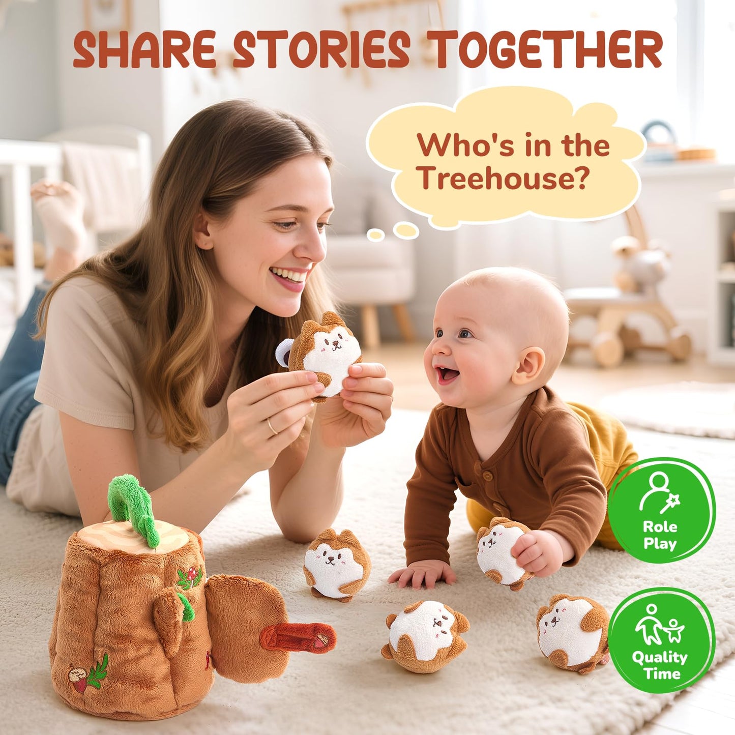 JoyCat Baby Toys 6-12 Months – Soft Treehouse with 5 Sensory Squirrels