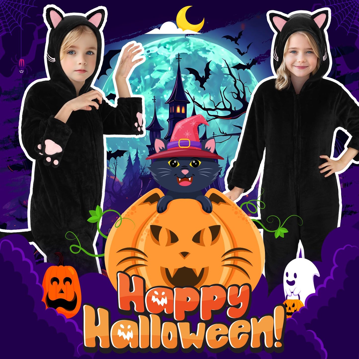 Joycover Cat Costume for Girls – Black Cat Onesie Dress Up, Size M (Ages 7-8)