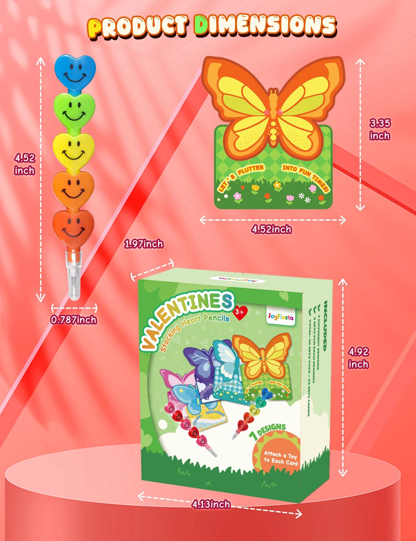 JoyFiesta 28 Pcs Valentines Cards with Stacking Heart Pencils – Classroom Gifts for Kids
