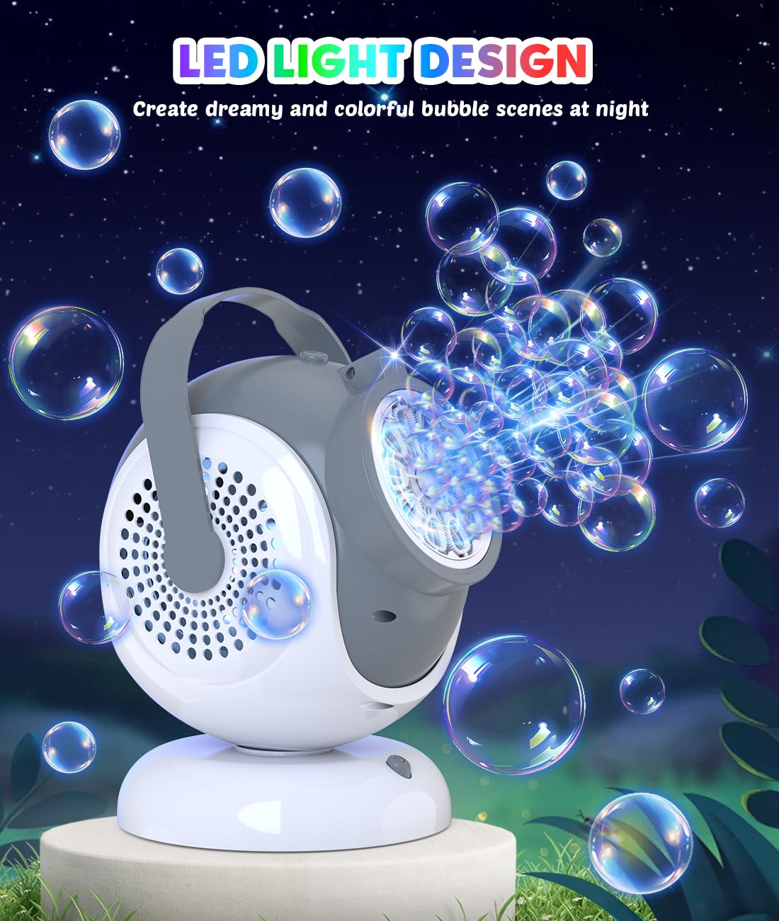 Joyfuture Rechargeable Bubble Machine – 360-degree Rotation, 75-degree Tilt, 10 Large Wands