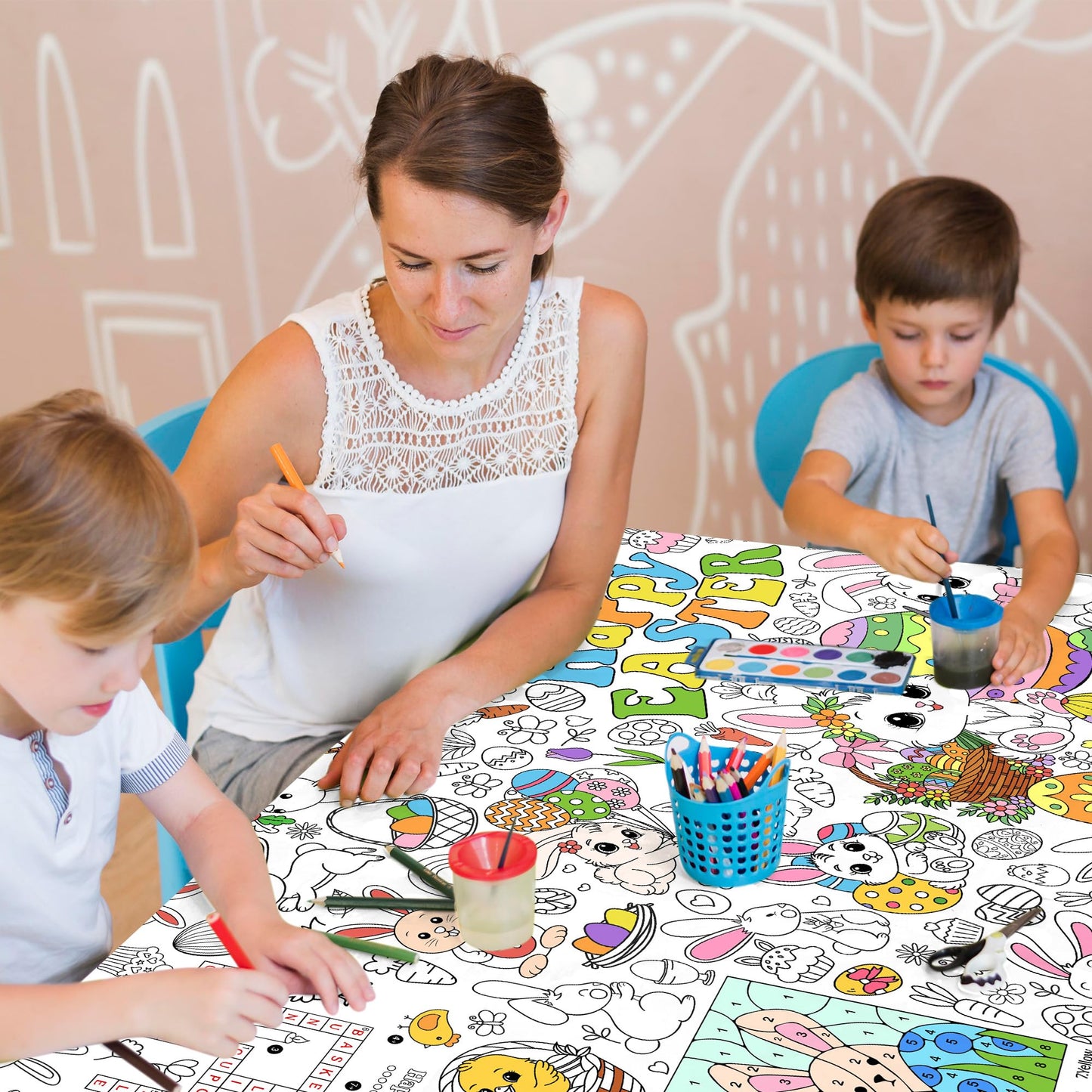 JOYGATHER Easter Coloring Tablecloth for Kids – Large 72x30 Inch Poster with Bunnies, Eggs, Flowers
