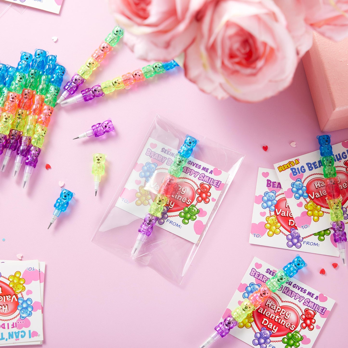 JOYIN 28PCS Valentines Day Bear Pencils & Cards — Classroom Exchange & Party Favors