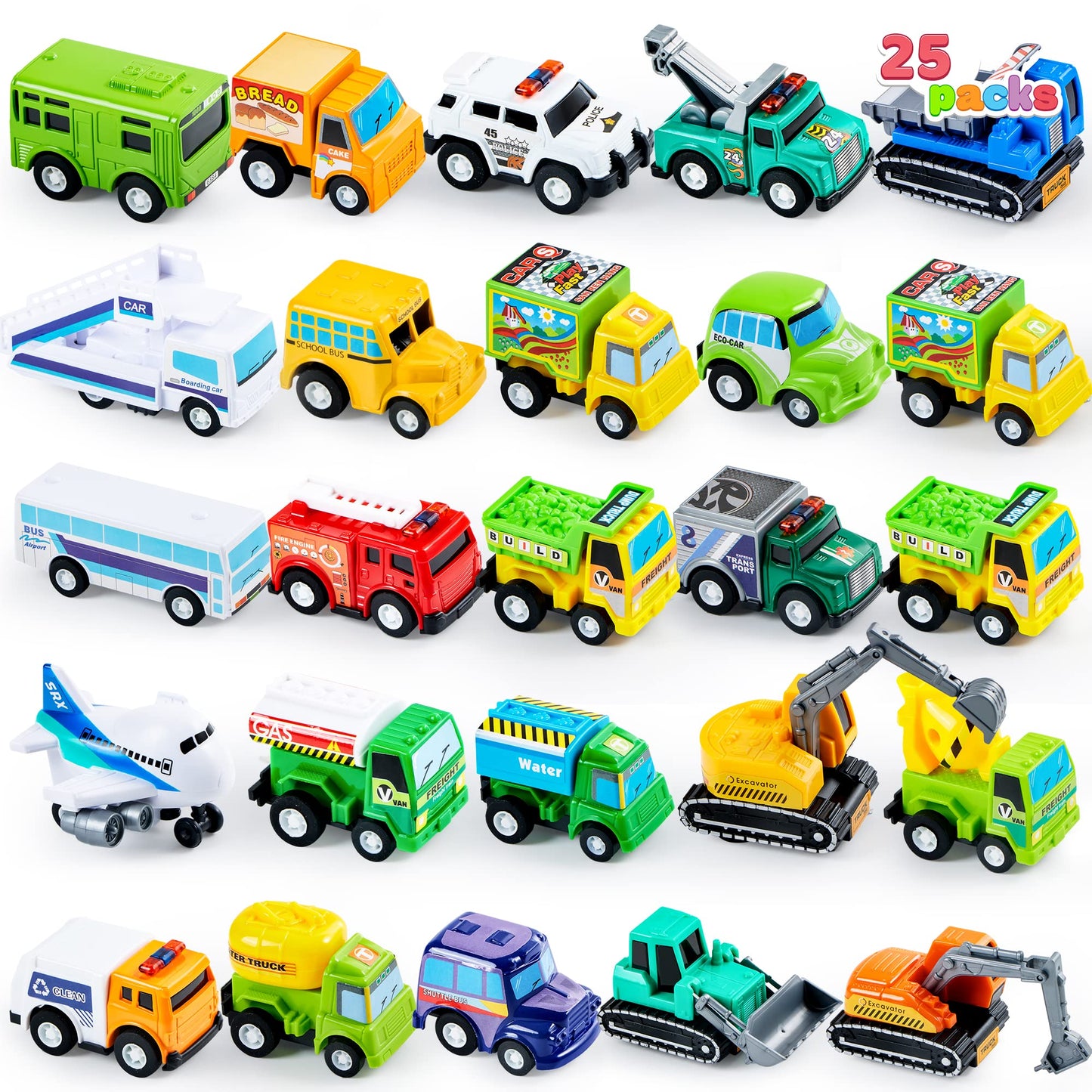 JOYIN 25-Piece Pull-Back Cars & Trucks Set for Kids – Friction-Powered Toys