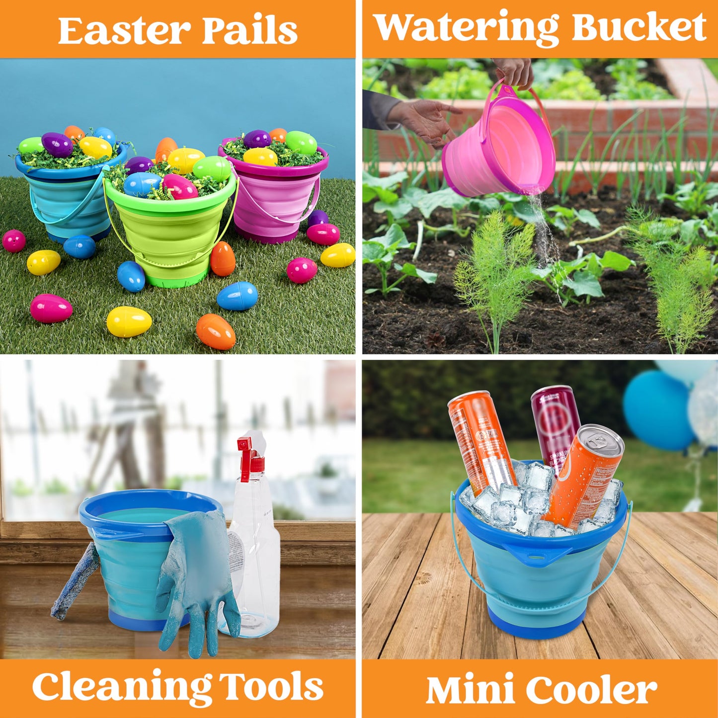 JOYIN 3-Pack Foldable Pail Buckets with Shovels & Mesh Bag – Collapsible Beach Toys
