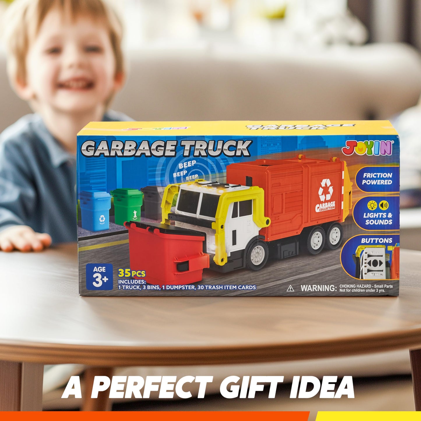 JOYIN Large Friction Powered Garbage Truck Toy Set – Front Loader, Dumpster, Bins & Learning Cards (Orange)