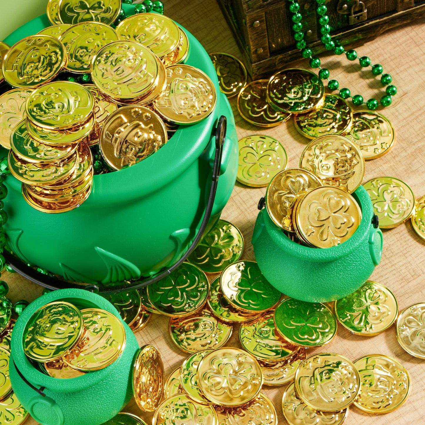 JOYIN 120 Pcs St. Patrick’s Day Gold Coins – Plastic Coins with Shamrock & Leprechaun Designs