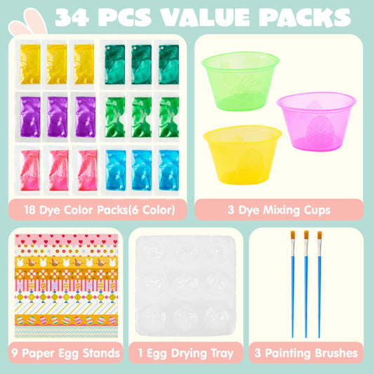 JOYIN 34 PCS Easter Egg Dye Kit – Multicolor Liquid Dyes, Brushes & Egg Stands