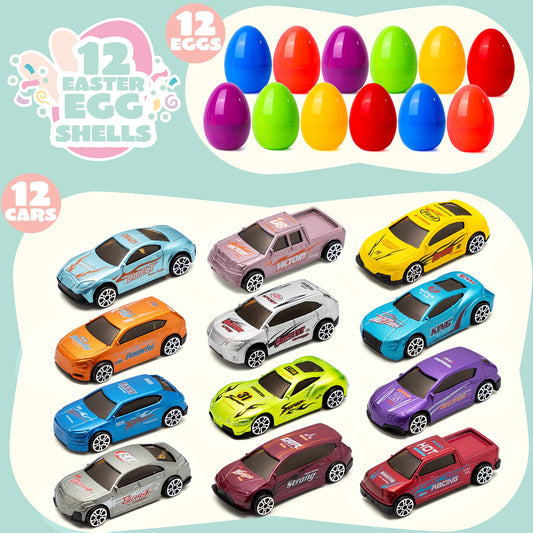 JOYIN 12 Pcs Die-Cast Car Filled Easter Eggs – Pre-Filled Eggs with Different Cars