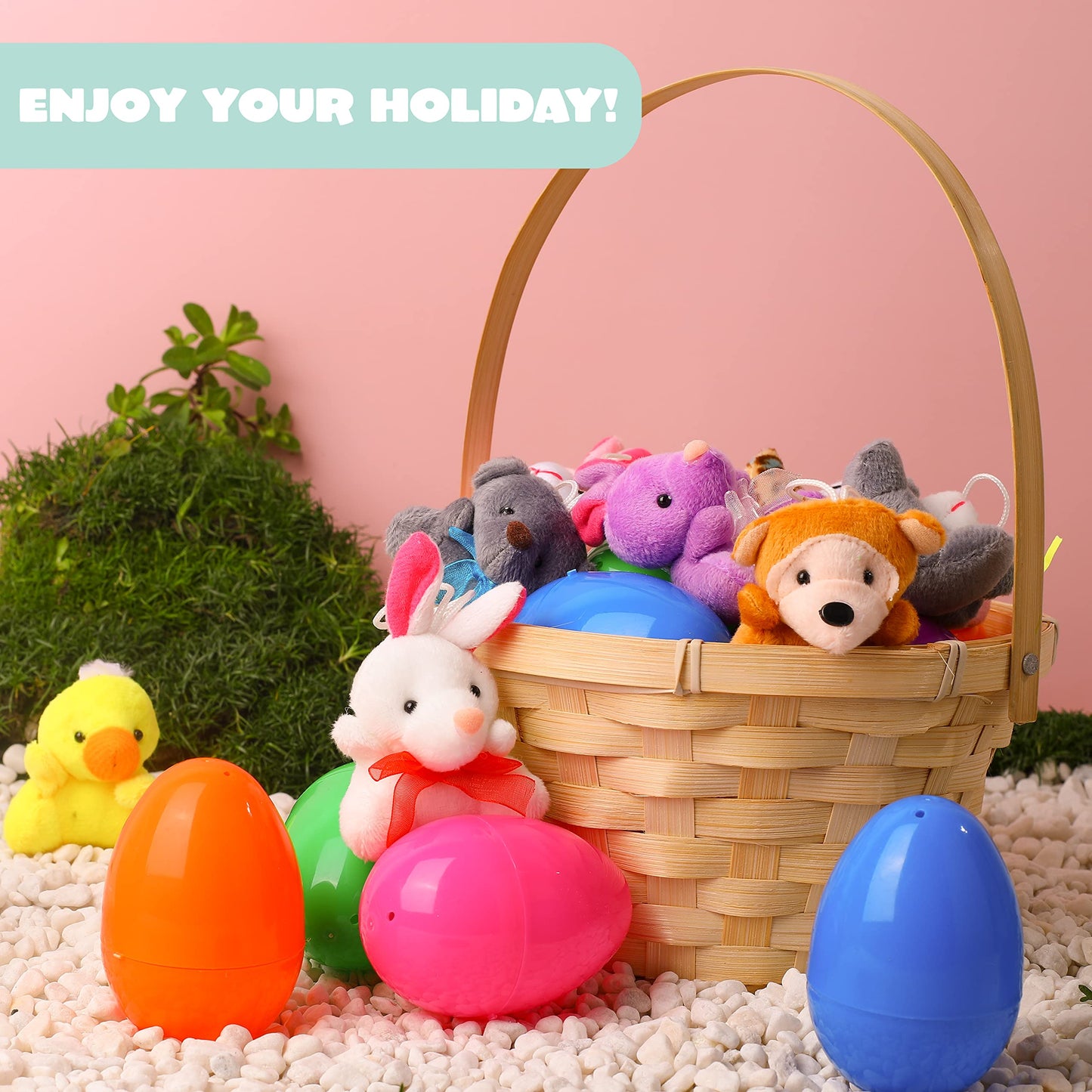 JOYIN 12 Pcs Prefilled Easter Eggs with Mini Plush Animals – Easter Egg Hunt Filler & Party Favors