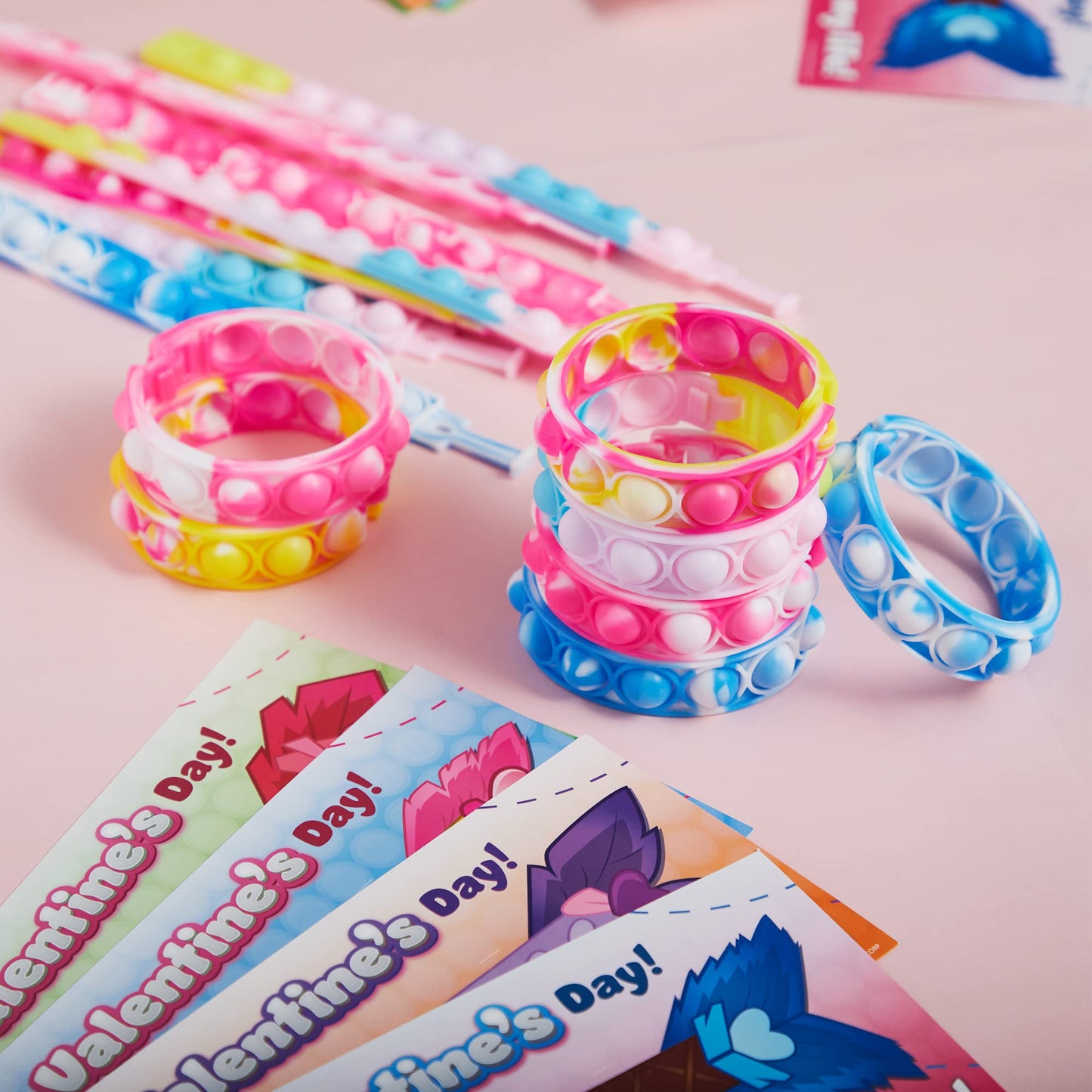 JOYIN 28-Pack Valentine's Gift Cards with Pop Bubble Bracelet – Fidget Wristbands for Kids, Class Prizes