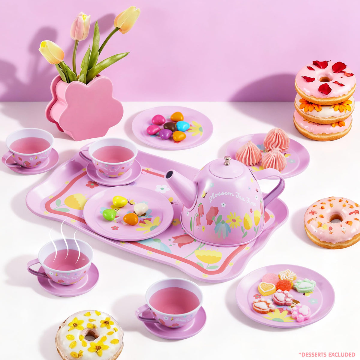 JOYIN Fairy Blossom Tea Party Set for Little Girls | Tin Teapot Playset with Carrying Case (Ages 3-6)