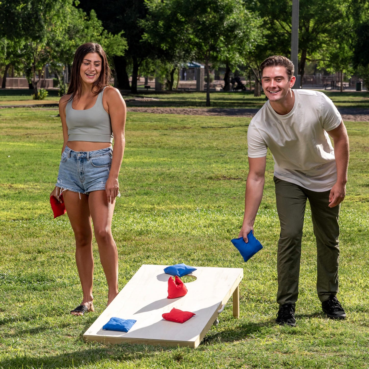 JOYIN 16 Cornhole Bean Bags Set – 4.7” x 4.7”, All-Weather Nylon, Carry Bag Included
