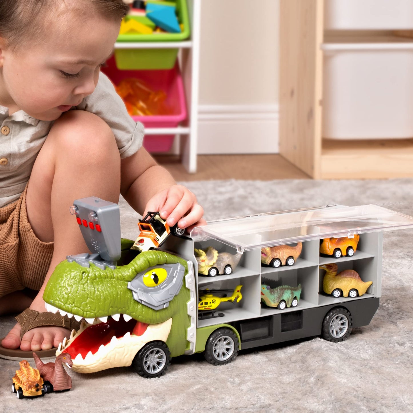 JOYIN 13-in-1 Dinosaur Truck with 12 Pull-Back Cars – Interactive Transport Carrier Toy for Kids 3-5