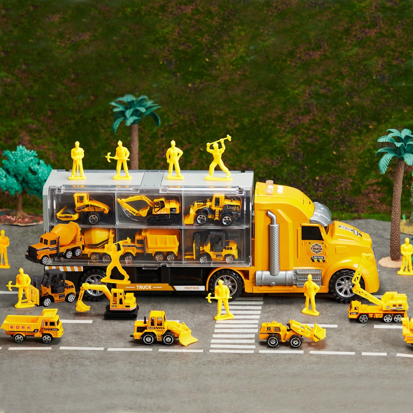 JOYIN 25-in-1 Kids Construction Truck Set – 24Pcs with Sounds & Lights, Carrier Truck, 12 Mini Vehicles & 12 Worker Figures