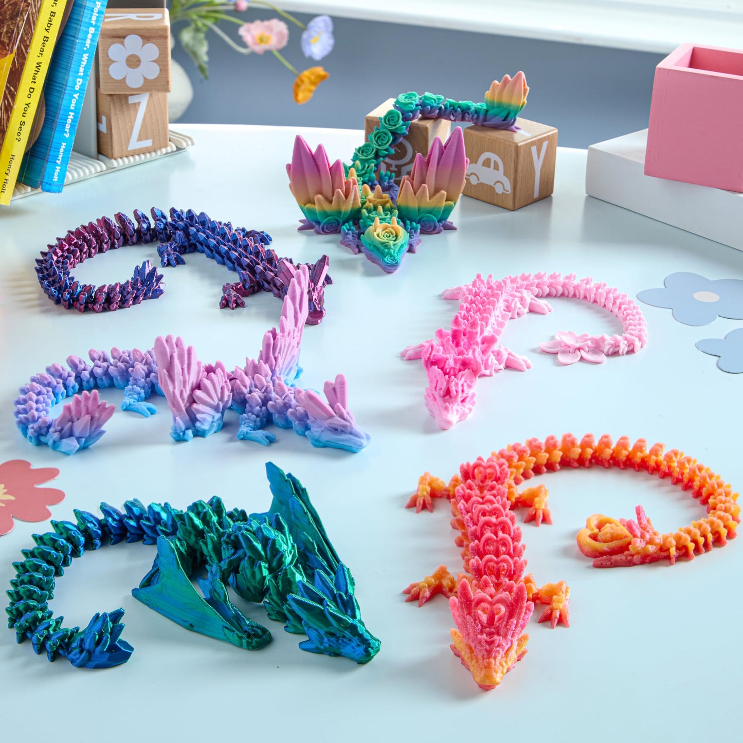 JOYIN 6 Pcs 12 Inch Large 3D Printed Dragon Fidget Toys — Articulated Gradient Dragons for Desk Decor
