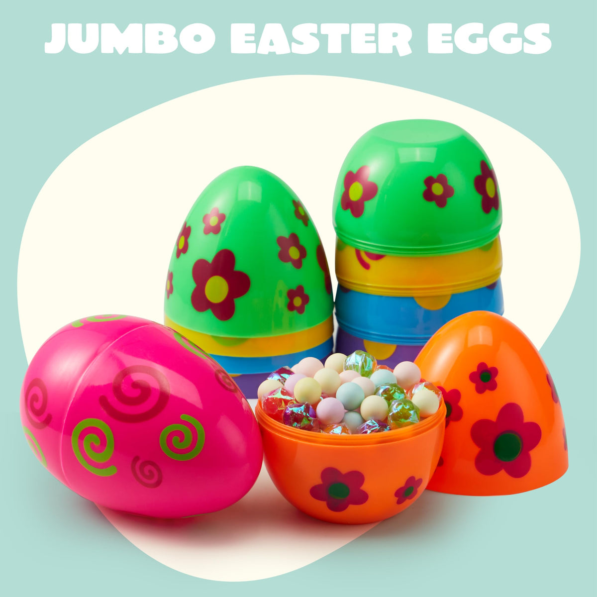 JOYIN 6 Pcs Large Printed Easter Eggs – Jumbo 6-in Fillable Eggs for Easter Hunts & Decor