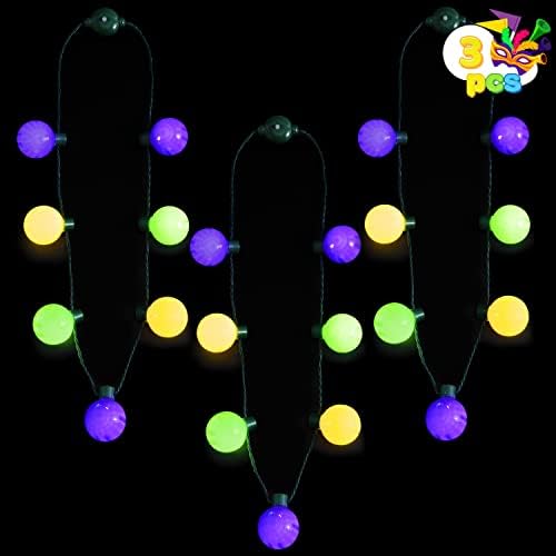 JOYIN 3-Piece Mardi Gras LED Necklace Set | 6 Modes in Green, Purple & Gold for Parties & Costumes