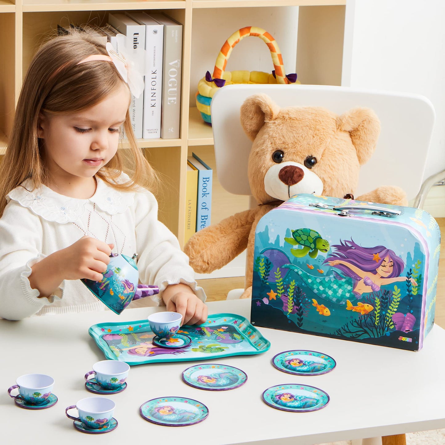 JOYIN Mermaid Tea Party Set for Little Girls – Pretend Tin Teapot, Cups, Plates & Mermaid Carrying Case