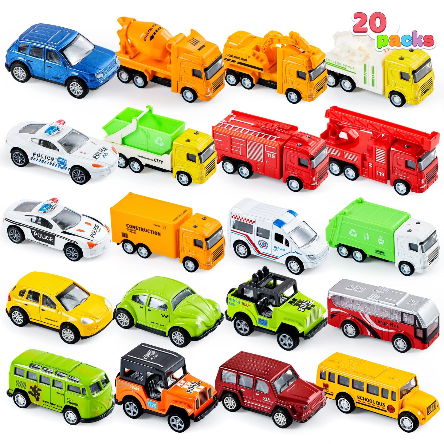 JOYIN 20PCS Die Cast Pull Back Cars — Metal Toy Cars Set for Toddlers