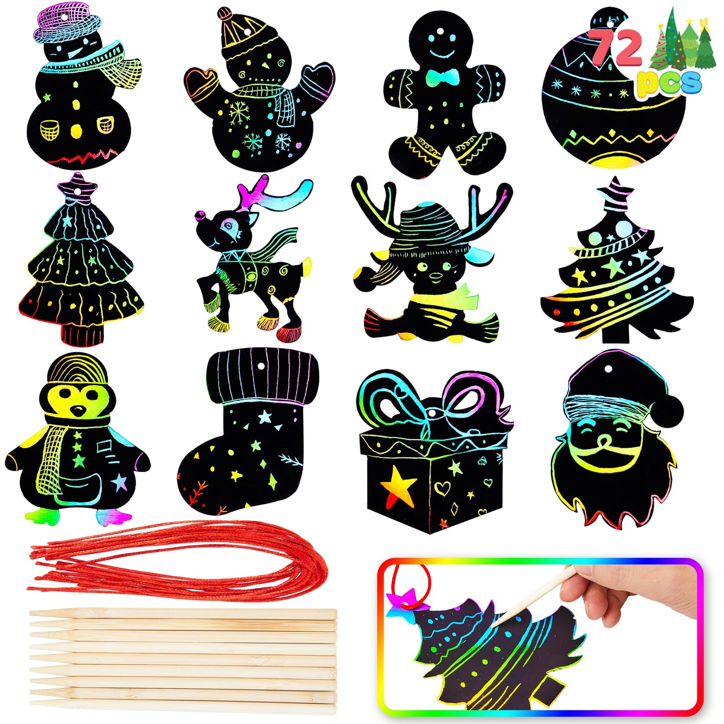 JOYIN 72 Pcs Christmas Scratch Art Ornaments – Rainbow Color Craft Kit for Kids