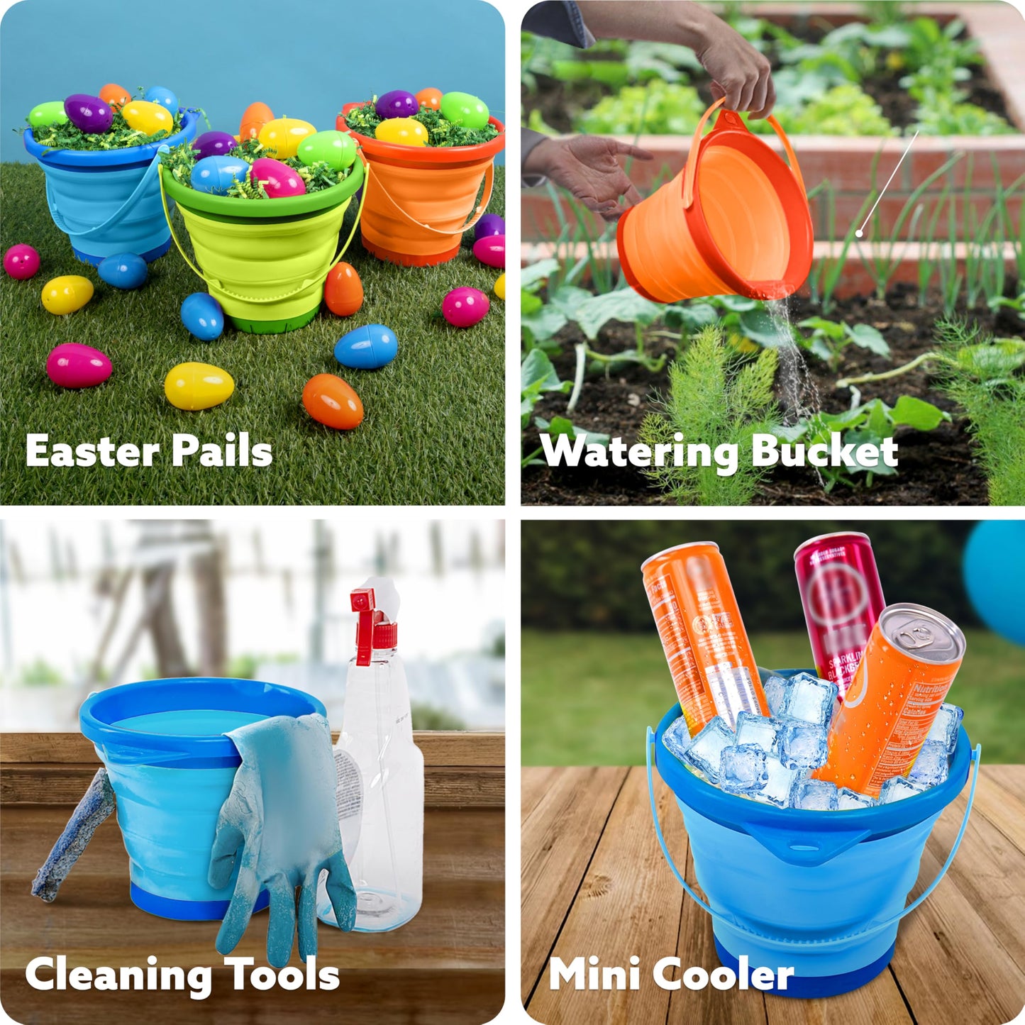 JOYIN 3-Pack Foldable Pail Buckets with Shovels & Mesh Bag | Collapsible Beach Buckets for Beach, Camping & More