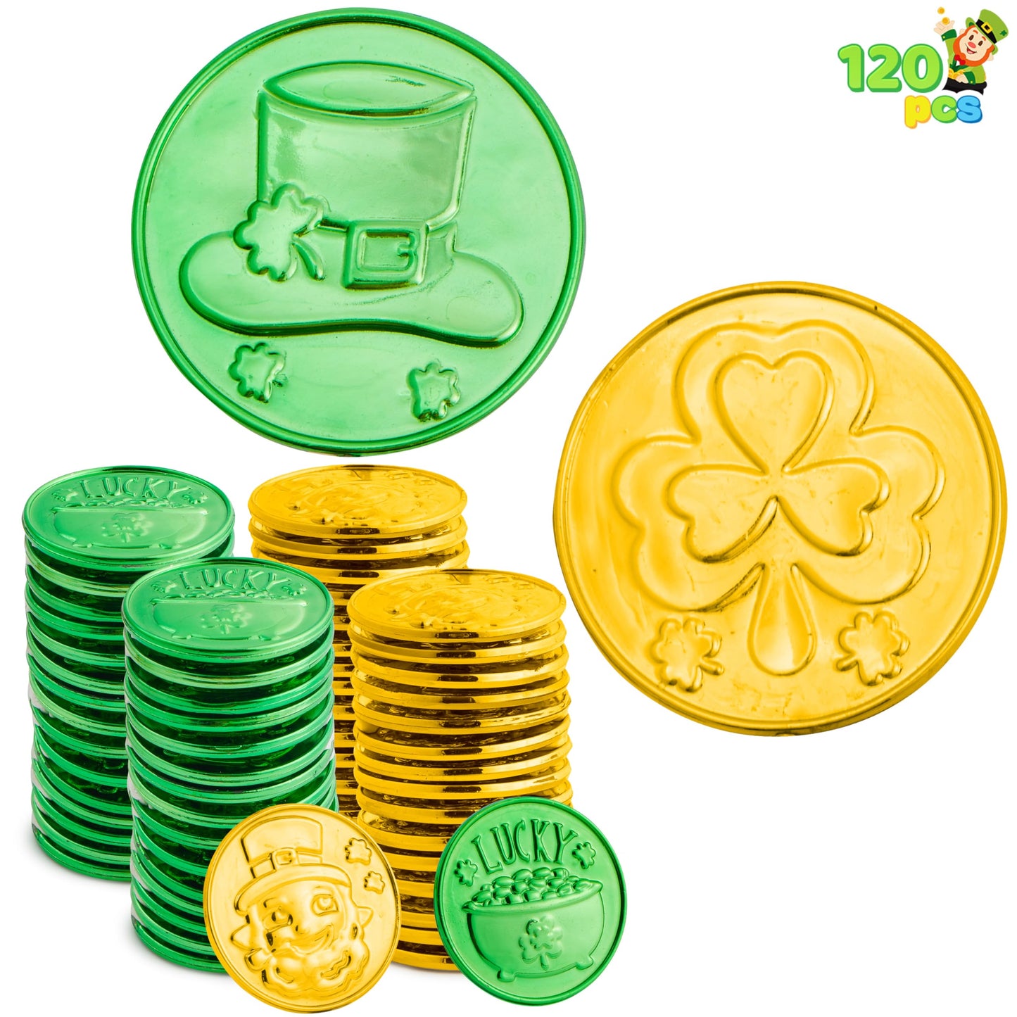 JOYIN 120 Pcs St. Patrick's Day Coins – Green & Gold Shamrock, Leprechaun, Hat & Cauldron Designs